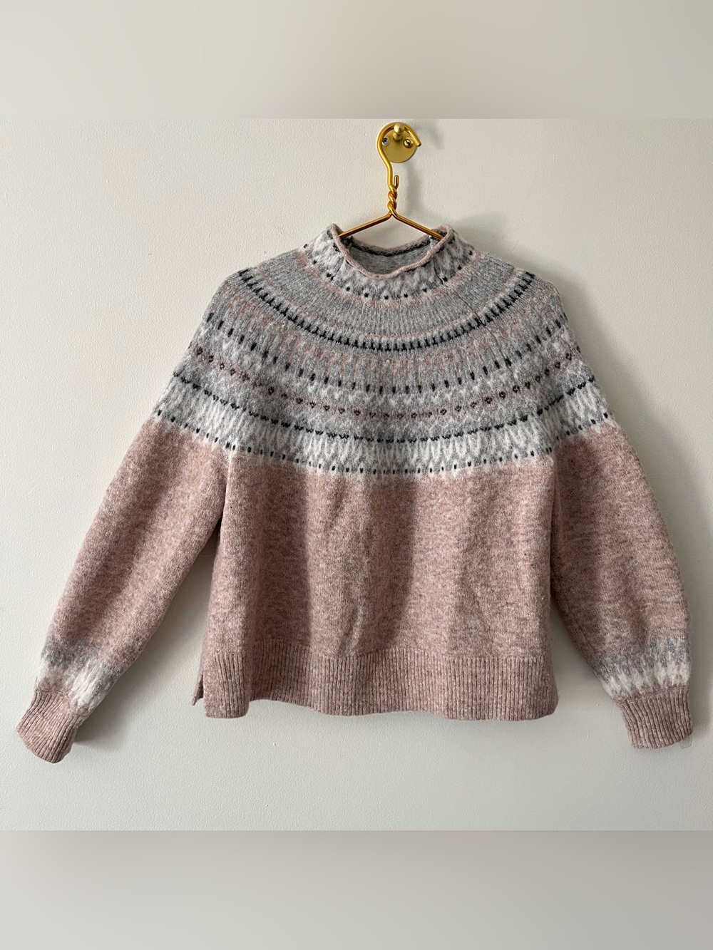 Vineyard Vines Merino Wool Alpaca Blend Pink Gray Fair Isle Roll Neck Sweater M